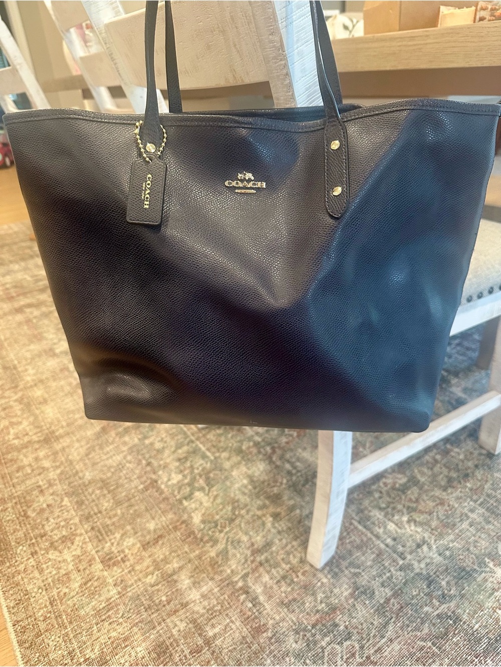 Coach City Tote Navy Blue Leather Shoulder Bag Gold Hardware